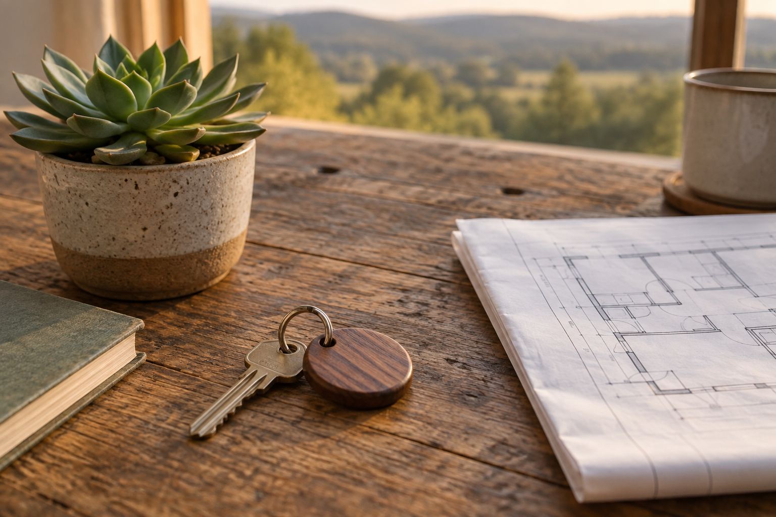 A house key, a small plant and a folded blueprint on a wood table, illustrative