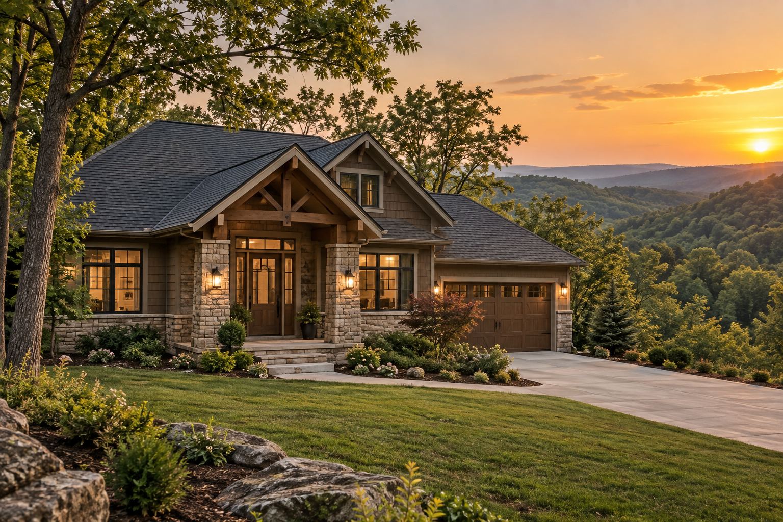 A Northwest Arkansas neighborhood street at golden hour, illustrative