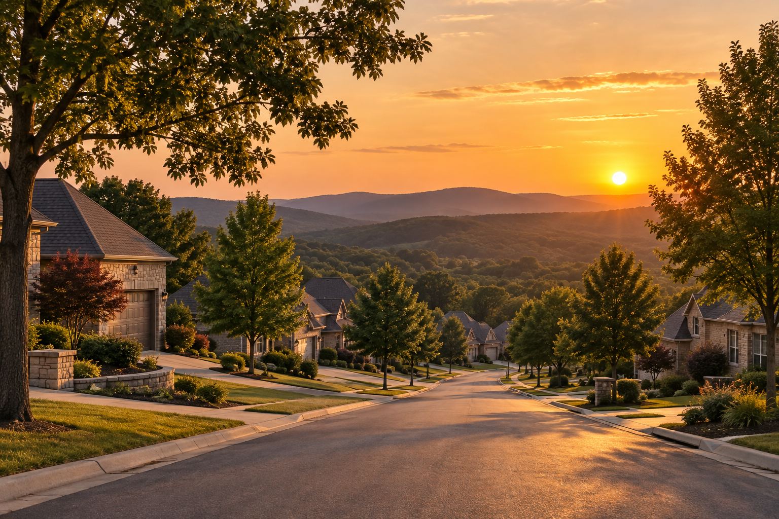 A Northwest Arkansas street at sunset, illustrative