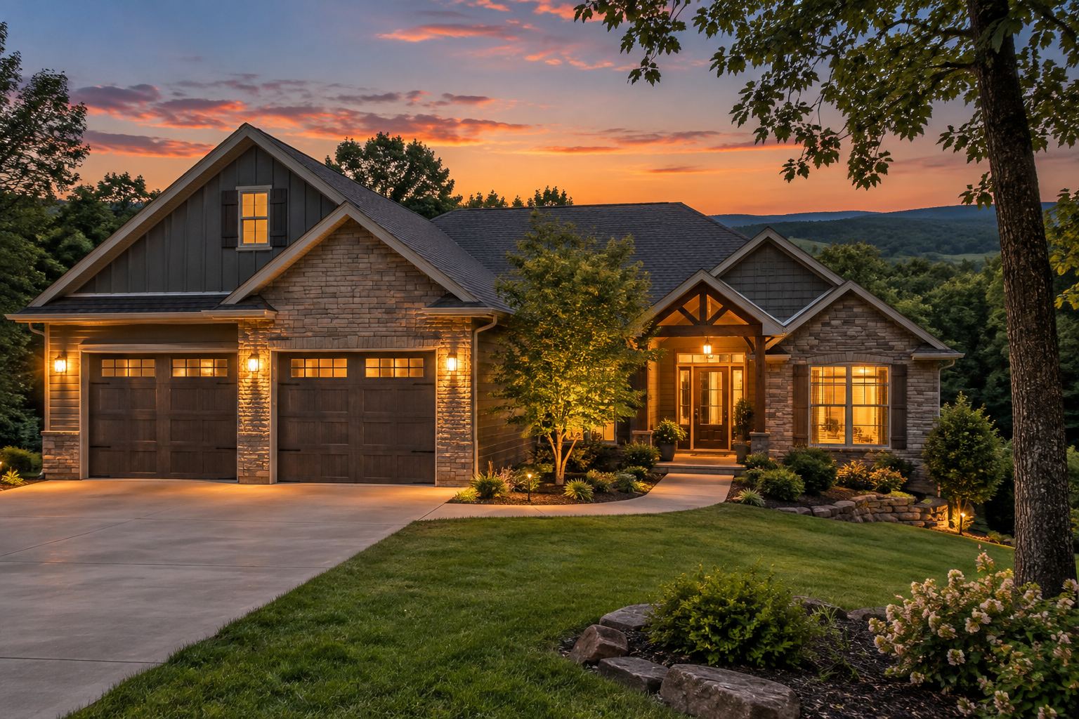A Northwest Arkansas home exterior at dusk, illustrative