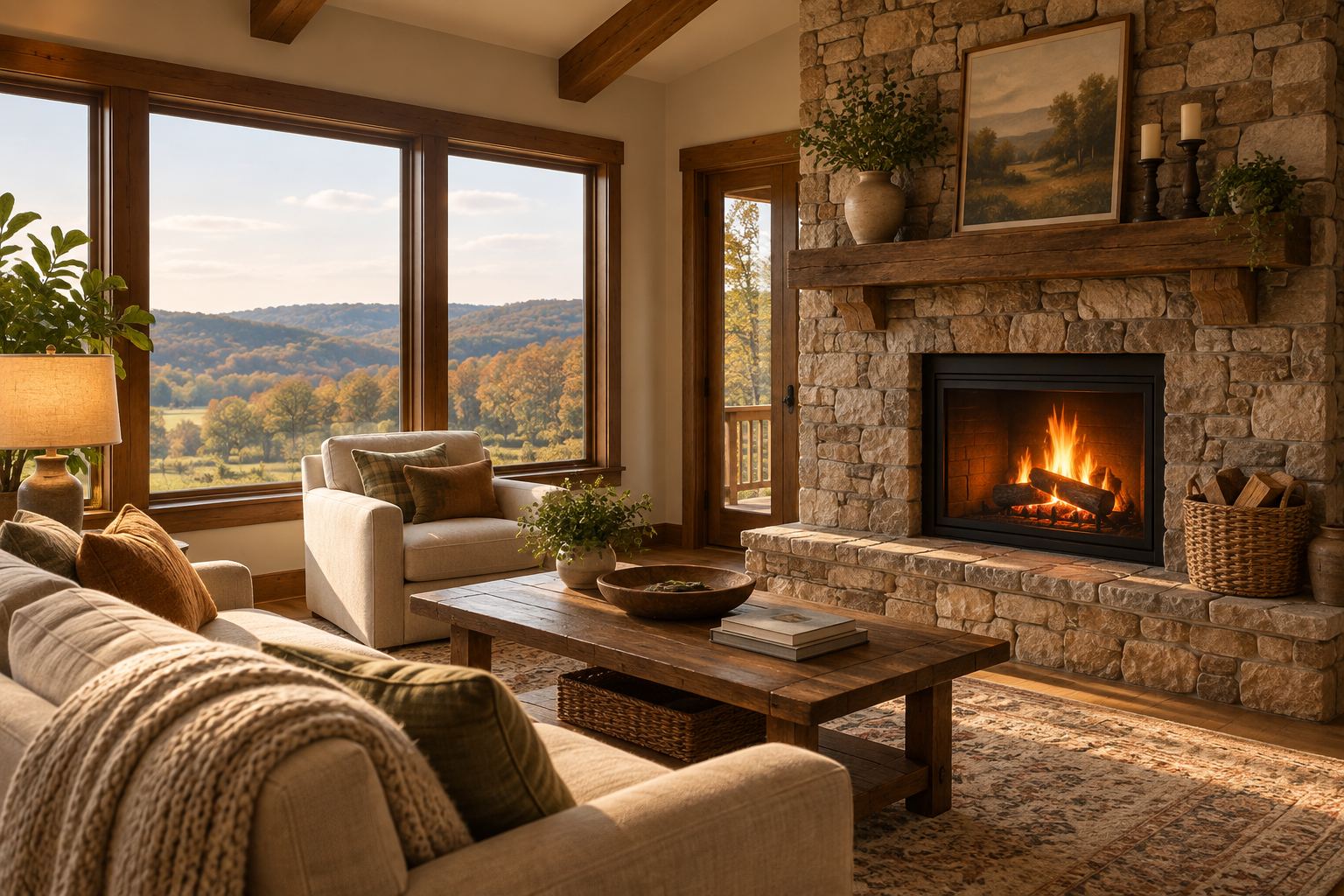 A cozy Northwest Arkansas living room, illustrative